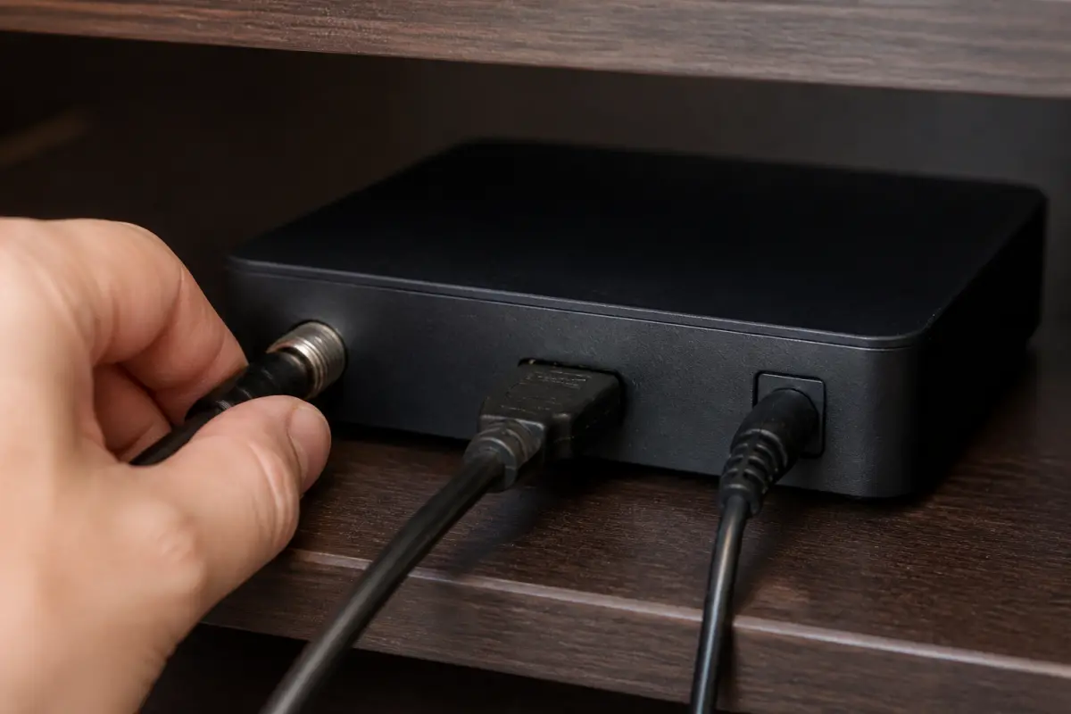 Hand tightening the coaxial LNB cable connector at the back of a decoder
